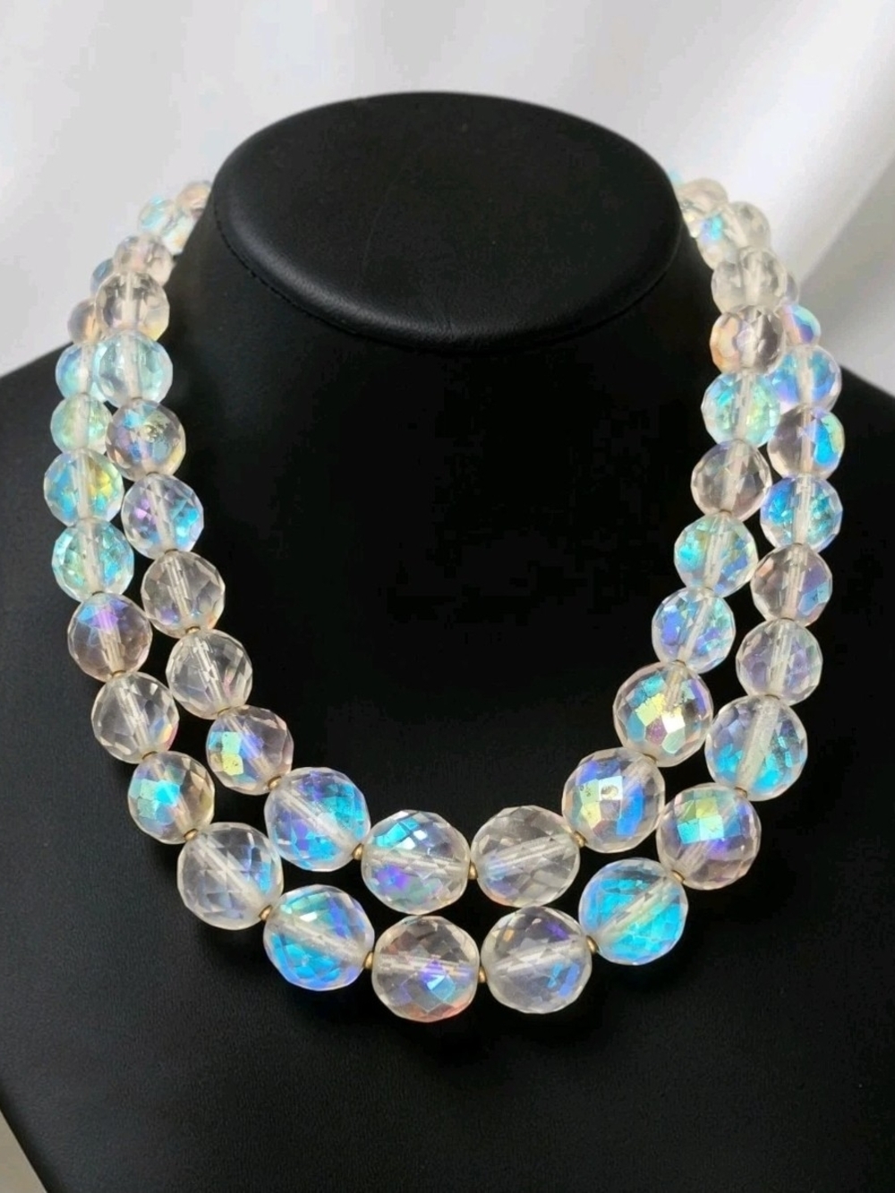 Vintage Large AB Aurora Borealis Glass Crystal Bead Double Strand Necklace 18"